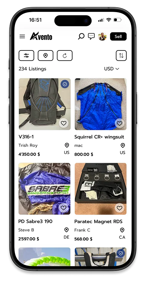 Avento used skydiving gear marketplace on mobile