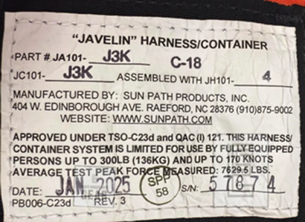 Data Card of Sun Path Skydiving Rig